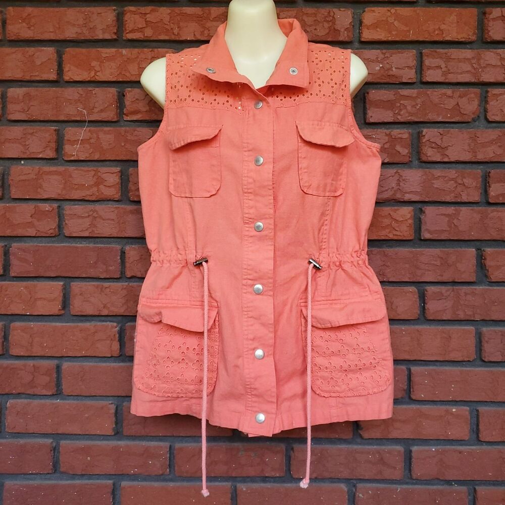 VTG Keren Hart Linen Blend Utility Vest Womens M Coral Eyelet Minimalist Coastal